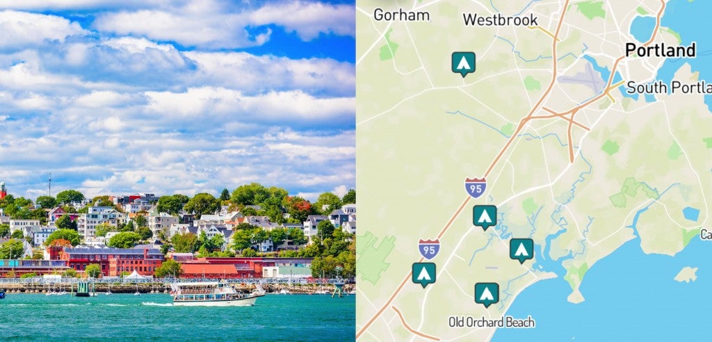 side-by-side images of Portland, Maine and a map of campgrounds near Portland